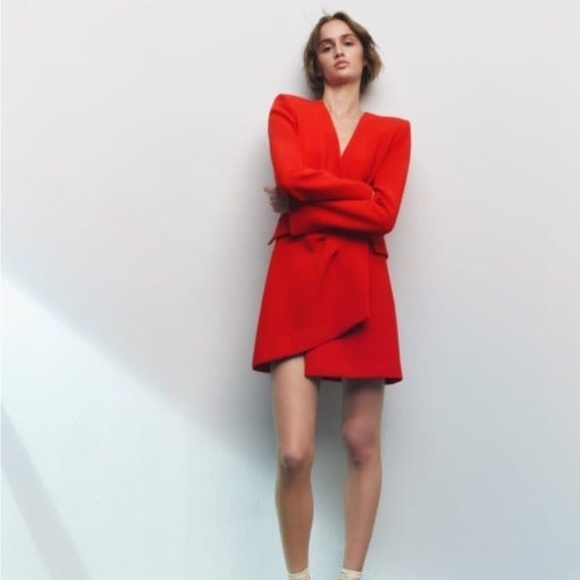 Zara Draped Blazer Red Dress. Size Small in Green color. - Picture 3 of 8